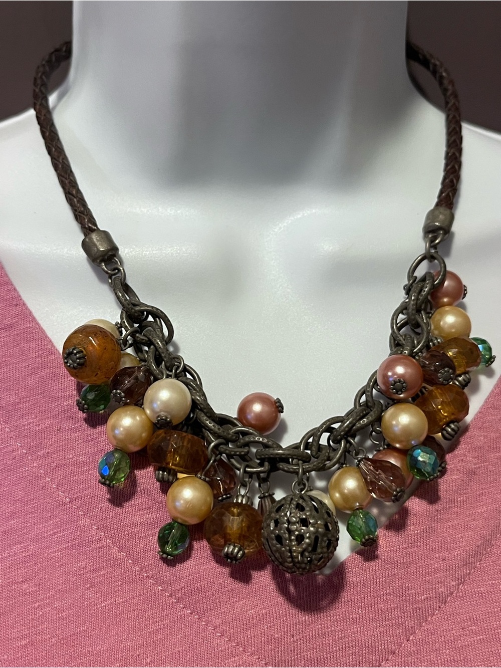 Braided Chunky Statement Necklace in Brown, Gold & Green